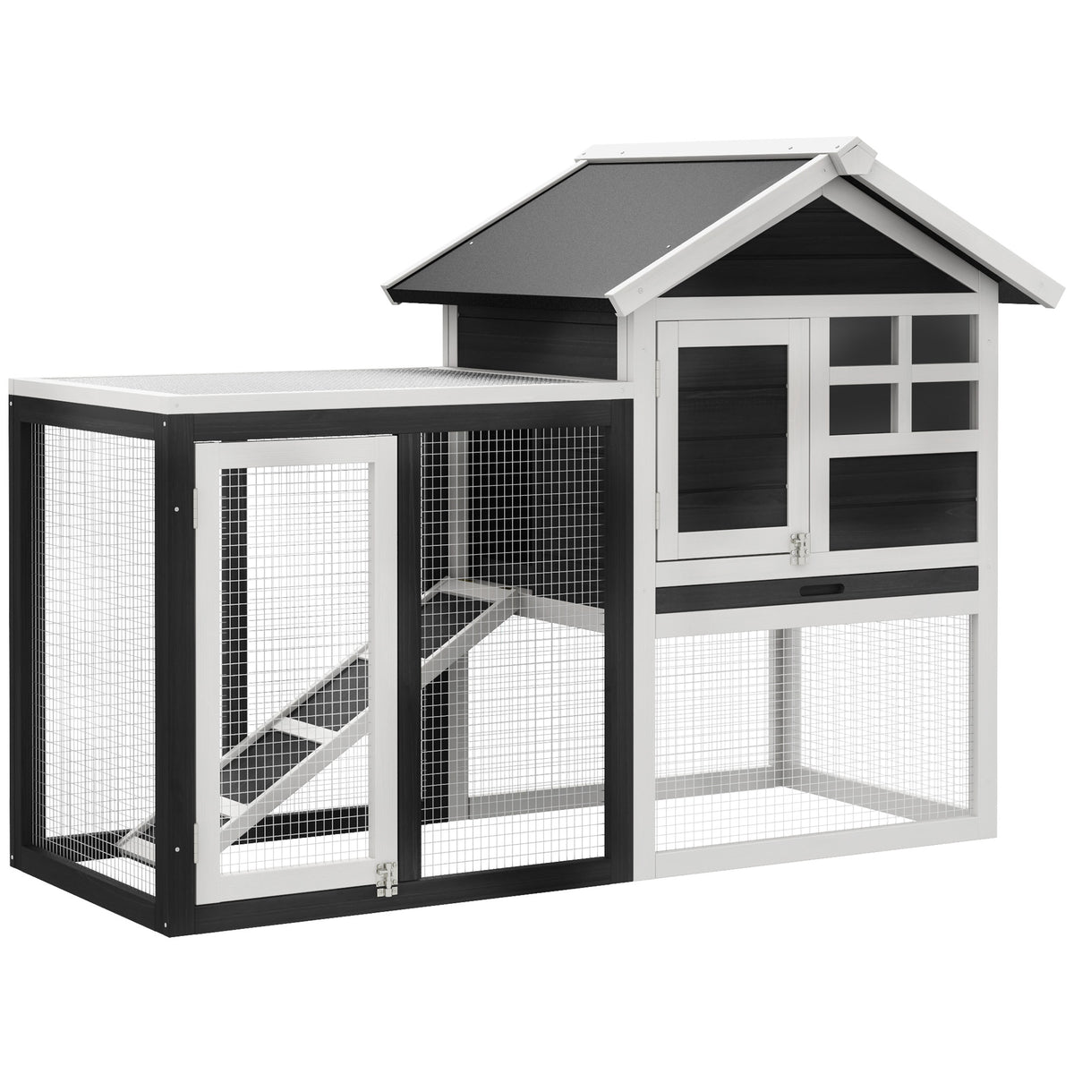 PawHut 48' Wooden Rabbit Hutch Bunny Cage with Waterproof Asphalt Roof, Fun Outdoor Run, Removable Tray and Ramp, Grey