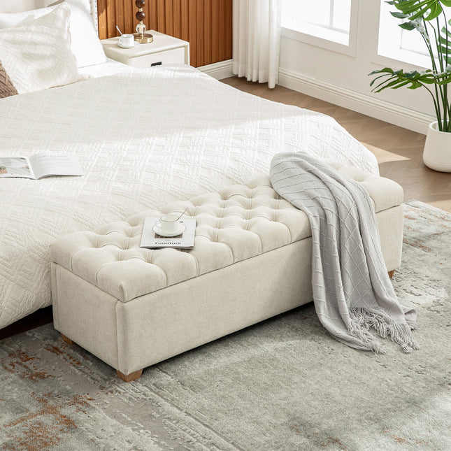 60.2'' Wide Chenille Upholstered Storage End of Bed Bench, Tufted Flip-Top Accent Window Bench Footrest Stool Ottoman with Legs for Living Room, Bedroom, Entryway, Dining Room, Dorm, Corner, Beige