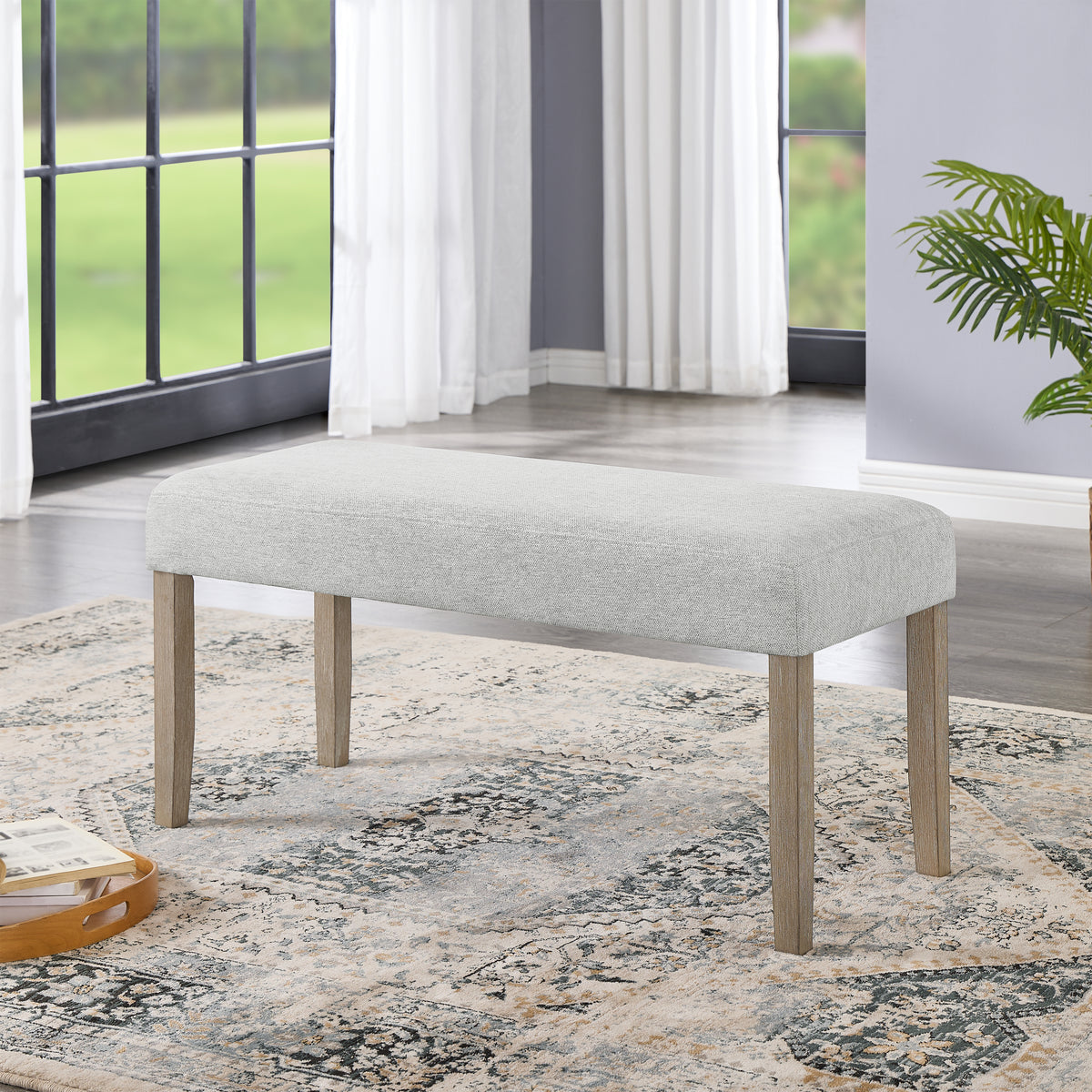 Zelalle Upholstered Bench, Light Gray Fabric with Rubberwood Legs