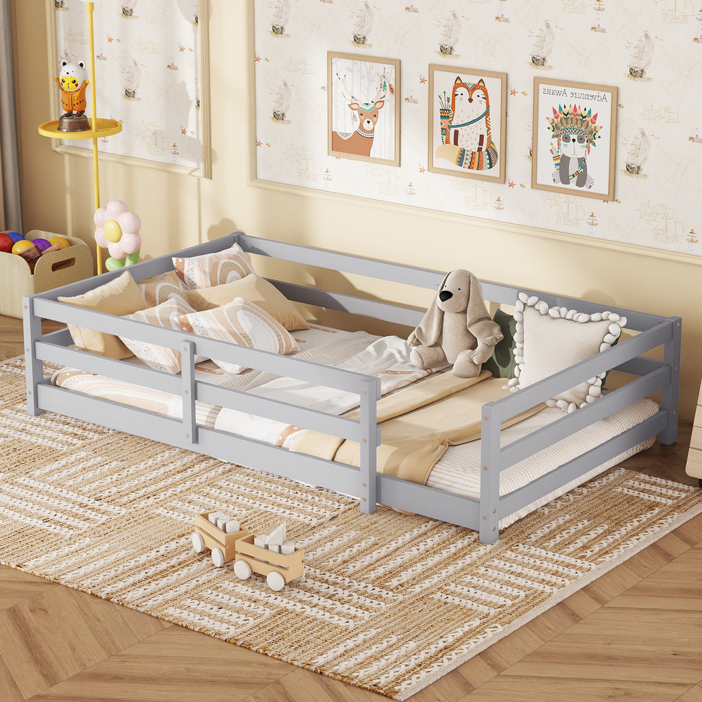 Twin Size Floor Bed, Montessori Floor Bed with Fence, Kids Montessori Bed Twin Size, Wood Montessori Floor Bed for Kids, Girls, Boys ,GRAY.
