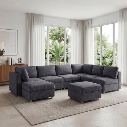 Modular sectional sofa seat, convertible sofa with storage, multifunctional folding fabric sofa set, 8 seater sofa (Grey)
