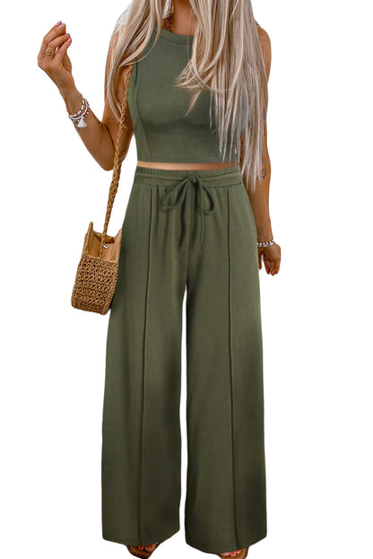 Jungle Green Solid Cropped Tank Top and Wide Leg Pants Set - Eloy Royal