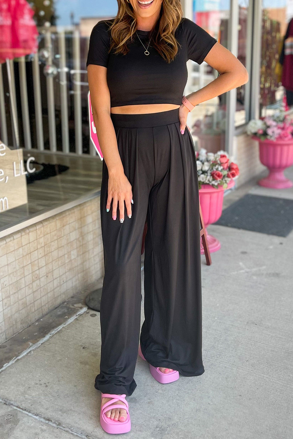 Strawberry Pink Plain Slim Fit Crop Top And Wide Leg Pants Set - Eloy Royal