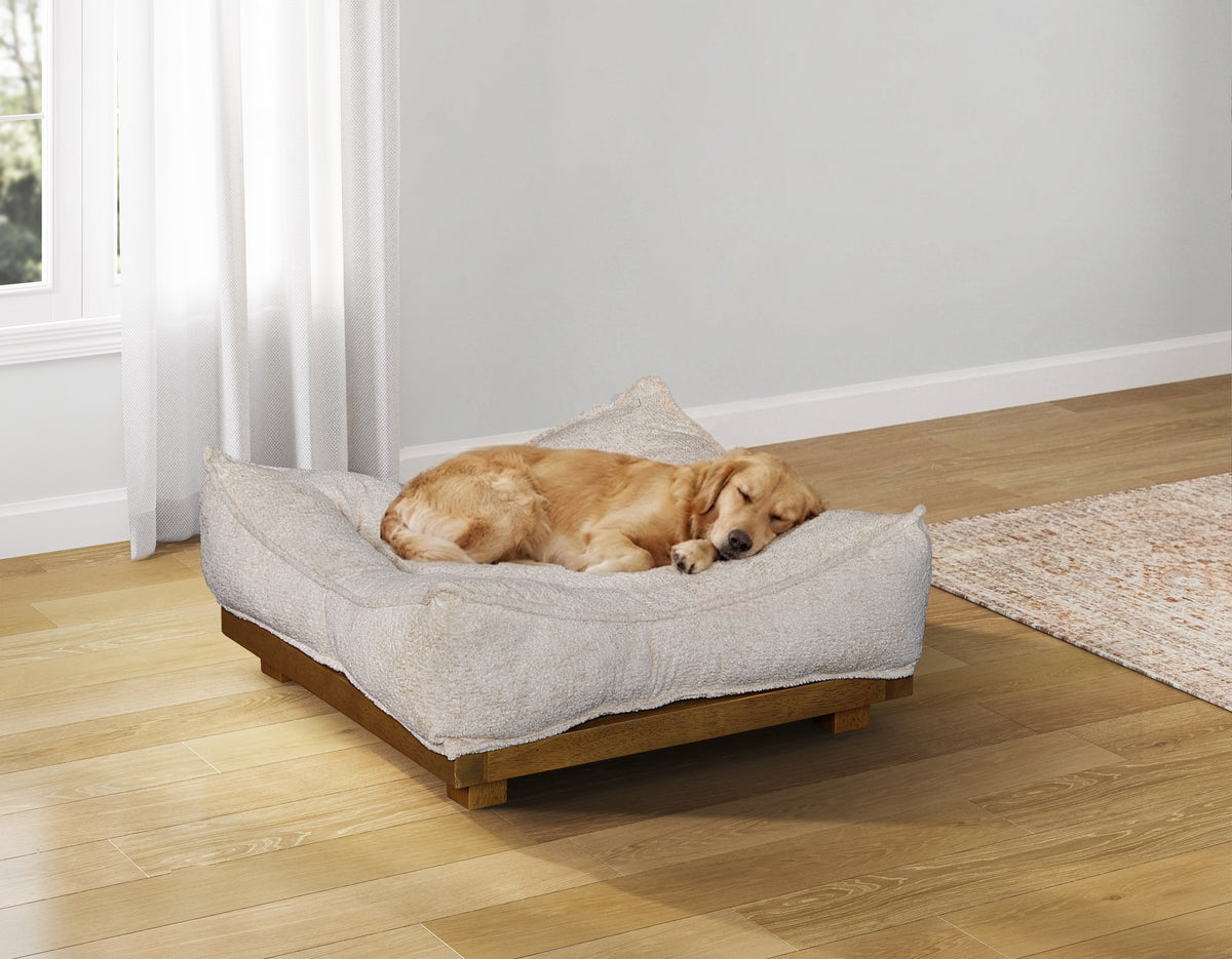 Plush Comfort Dog Bed Premium Vegan Leatherette Beige Fabric Pet Furniture 1pc, Medium Size