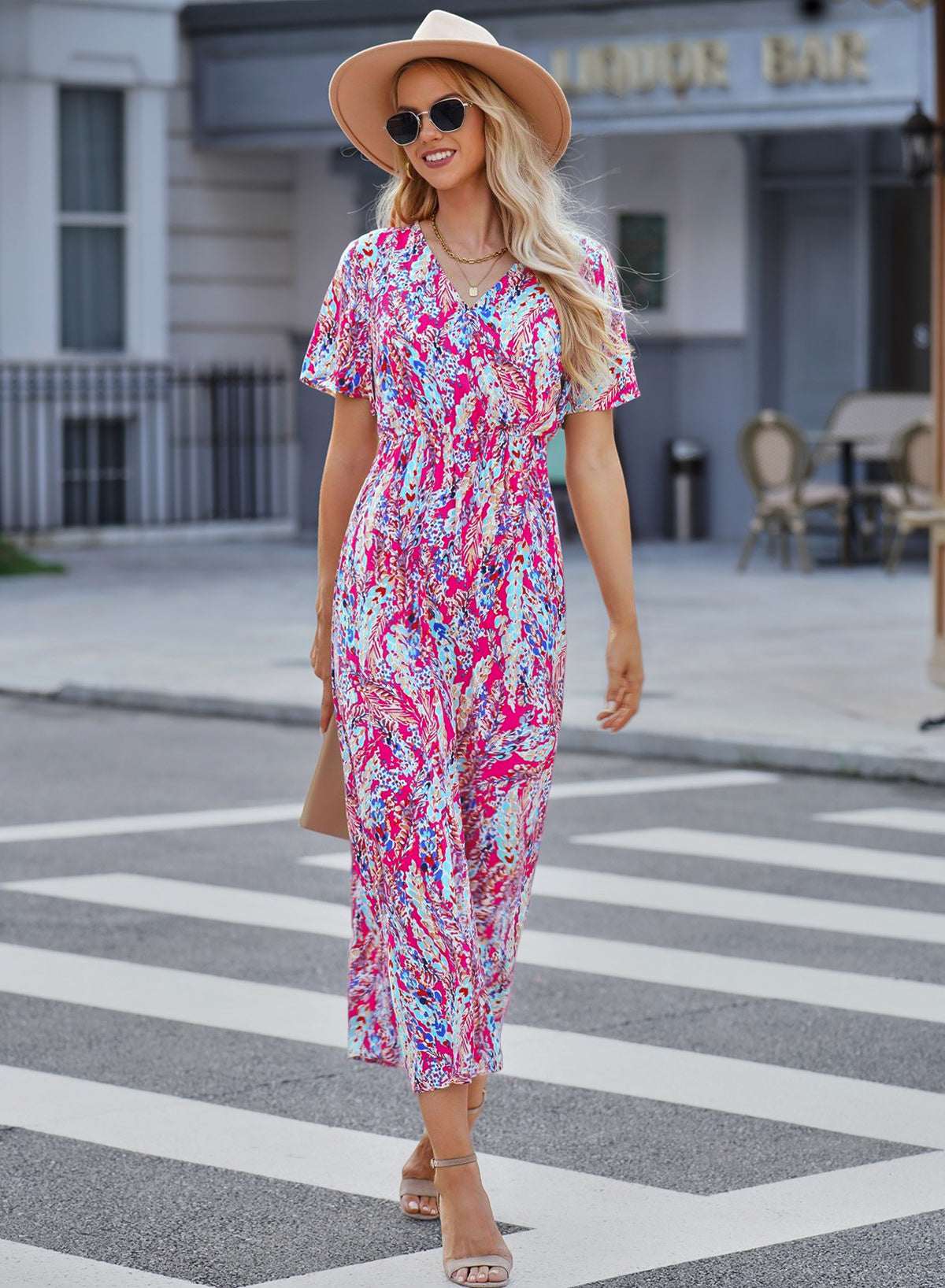 Wholesale Rose Boho Abstract Print V Neck Short Sleeve Maxi Wrap Dress - Eloy Royal