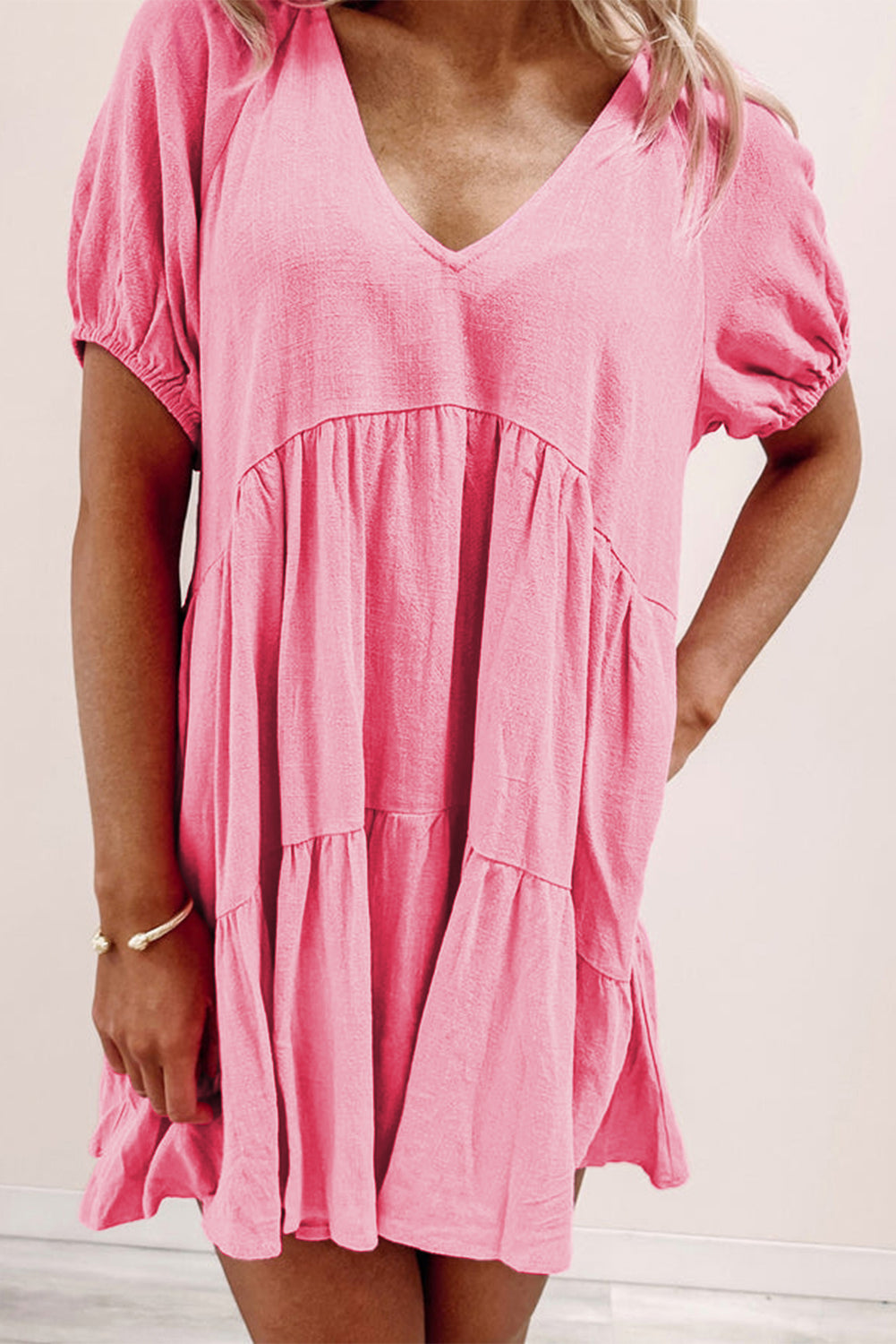 Strawberry Pink Puff Sleeve V Neck Tiered Swing Dress - Eloy Royal