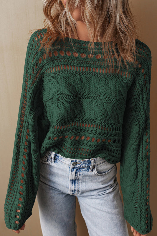 Blackish Green Hollow Out Cable Knit Cropped Sweater