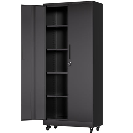 71'H Metal Garage Storage Cabinet with Wheels and Lock, Heavy Duty Rolling Metal Cabinet, 4 Adjustable Shelves (180lb Each), 3-Point Locking Security, for Tool Organization in Garage, Workshop, Office