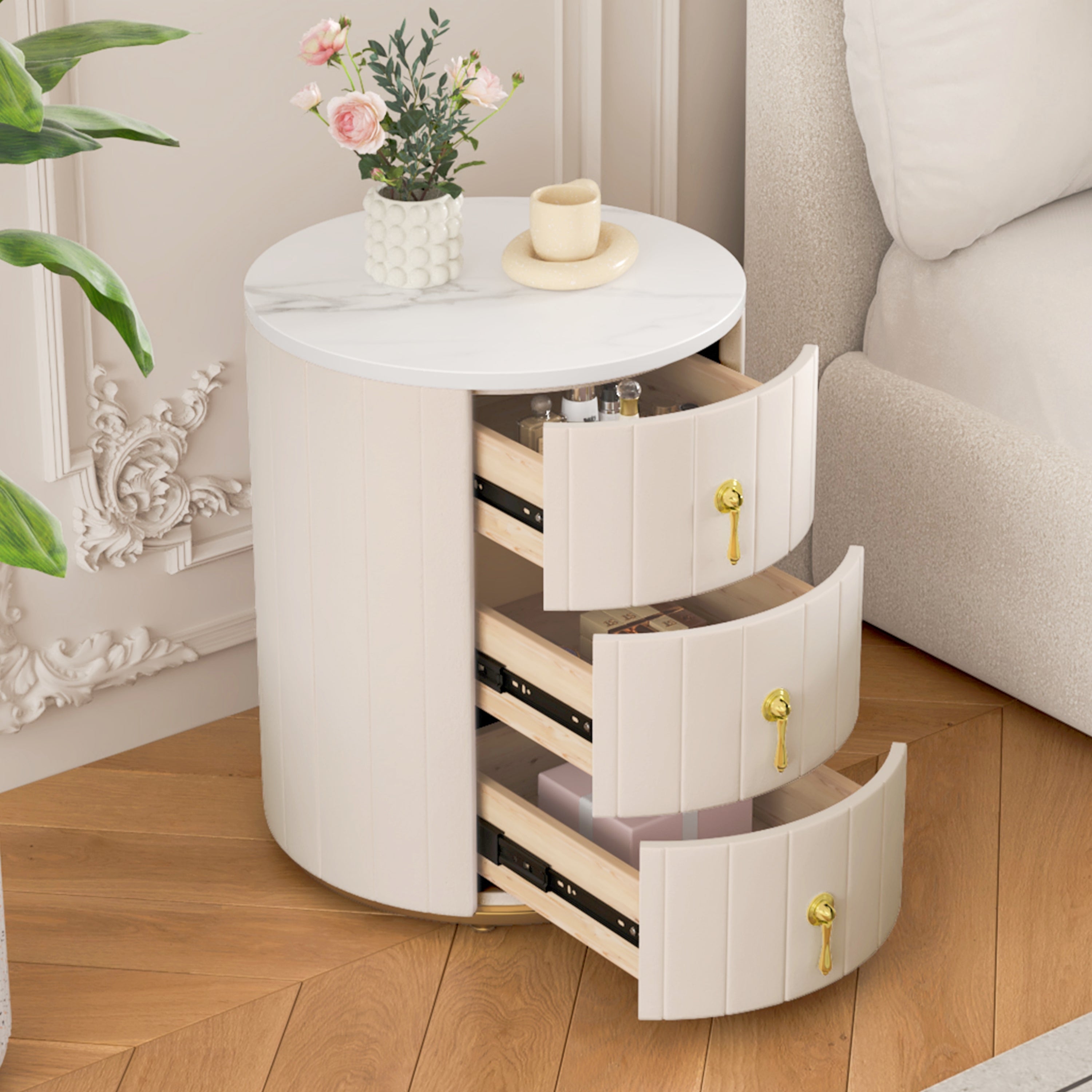Upholstered Nightstand with 3 Drawers, Round Bedside Table with Metal Handles,Marbling Stickers Top Night Table for Bedroom, Fully Assembled Except Handles, Beige