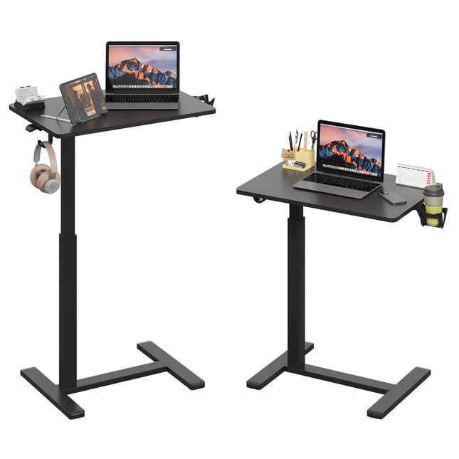 26'×19' Black  Side Column Height Adjustable Gas Spring Laptop Desk with Wheels, Portable Sit-Stand Mobile Office Table with Cup Holder and Headphone Hook