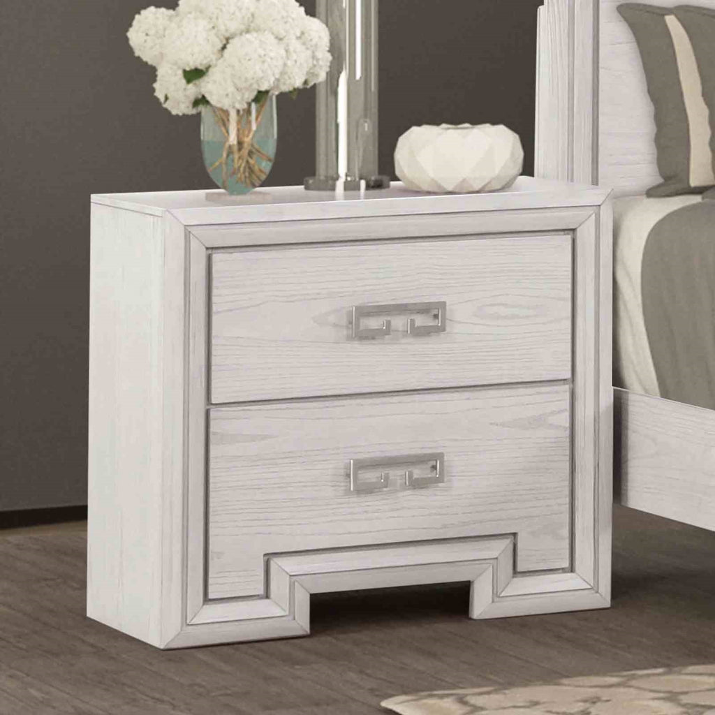 Transitional Style 1pc Nightstand USB Port Metal Handle French and English Dovetail Drawers Rustic White Finish Bedroom Furniture