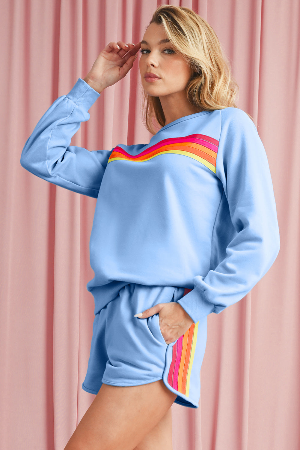 Bonbon Colorful Striped Long Sleeve Pullover and Shorts Set