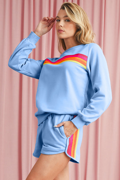 Bonbon Colorful Striped Long Sleeve Pullover and Shorts Set