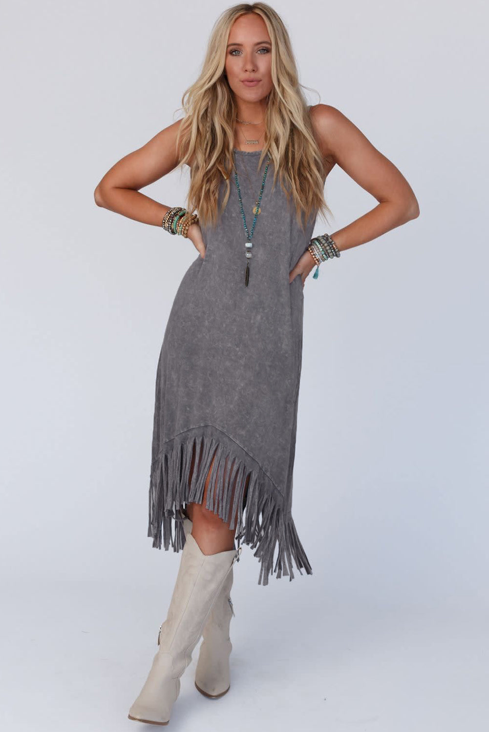 Gray Washed Sleeveless Fringe High Low Hem Maxi Dress - Eloy Royal