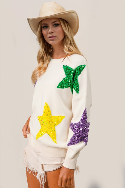 Double Take Sequin Star Round Neck Dropped Shoulder Sweater