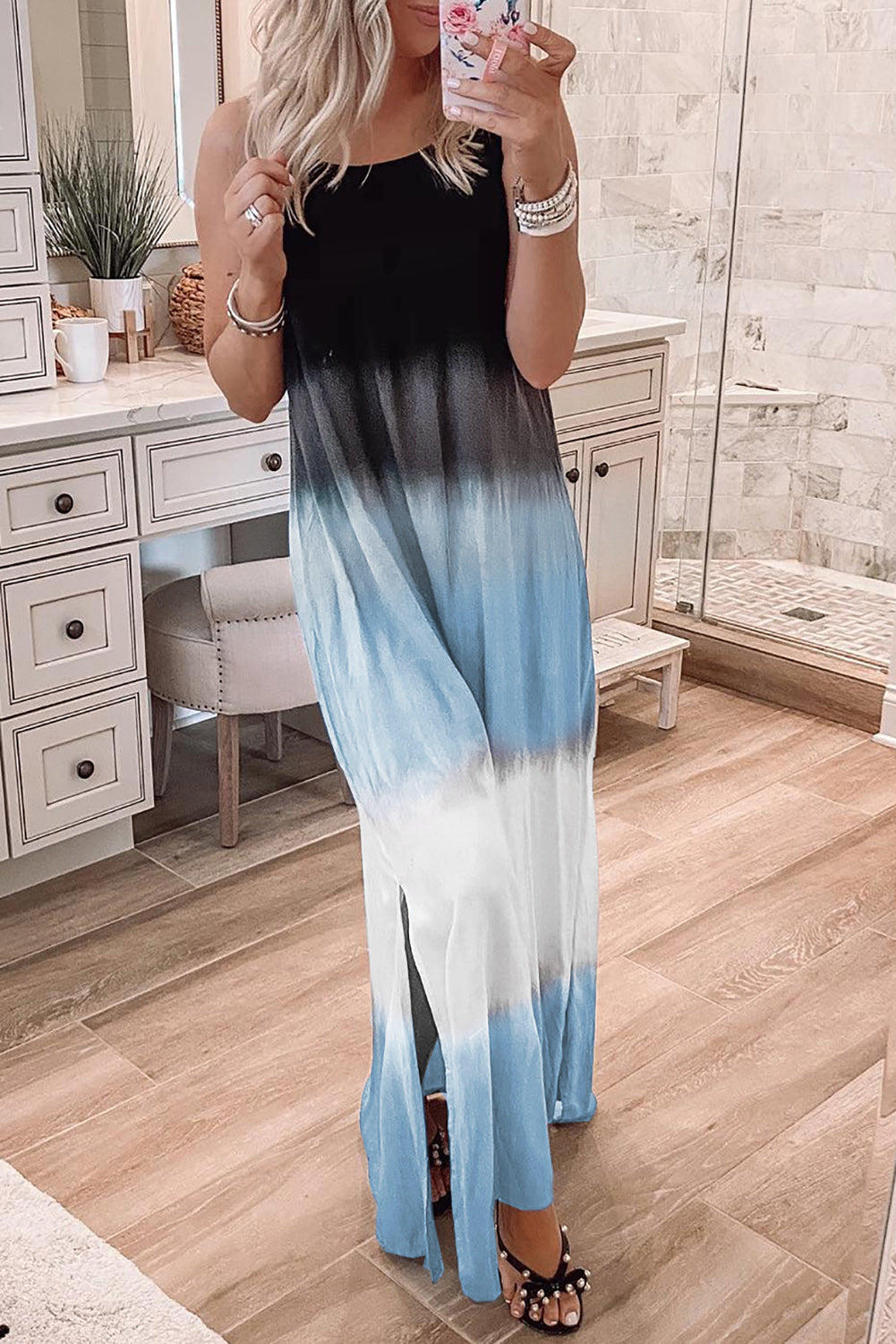 Wholesale Sky Blue Tie Dye Spaghetti Strap Slit Maxi Dress - Eloy Royal