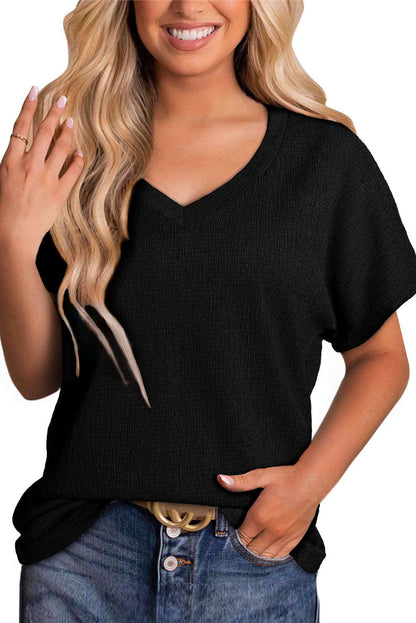 Black Plain Crinkled V Neck Short Sleeve Blouse