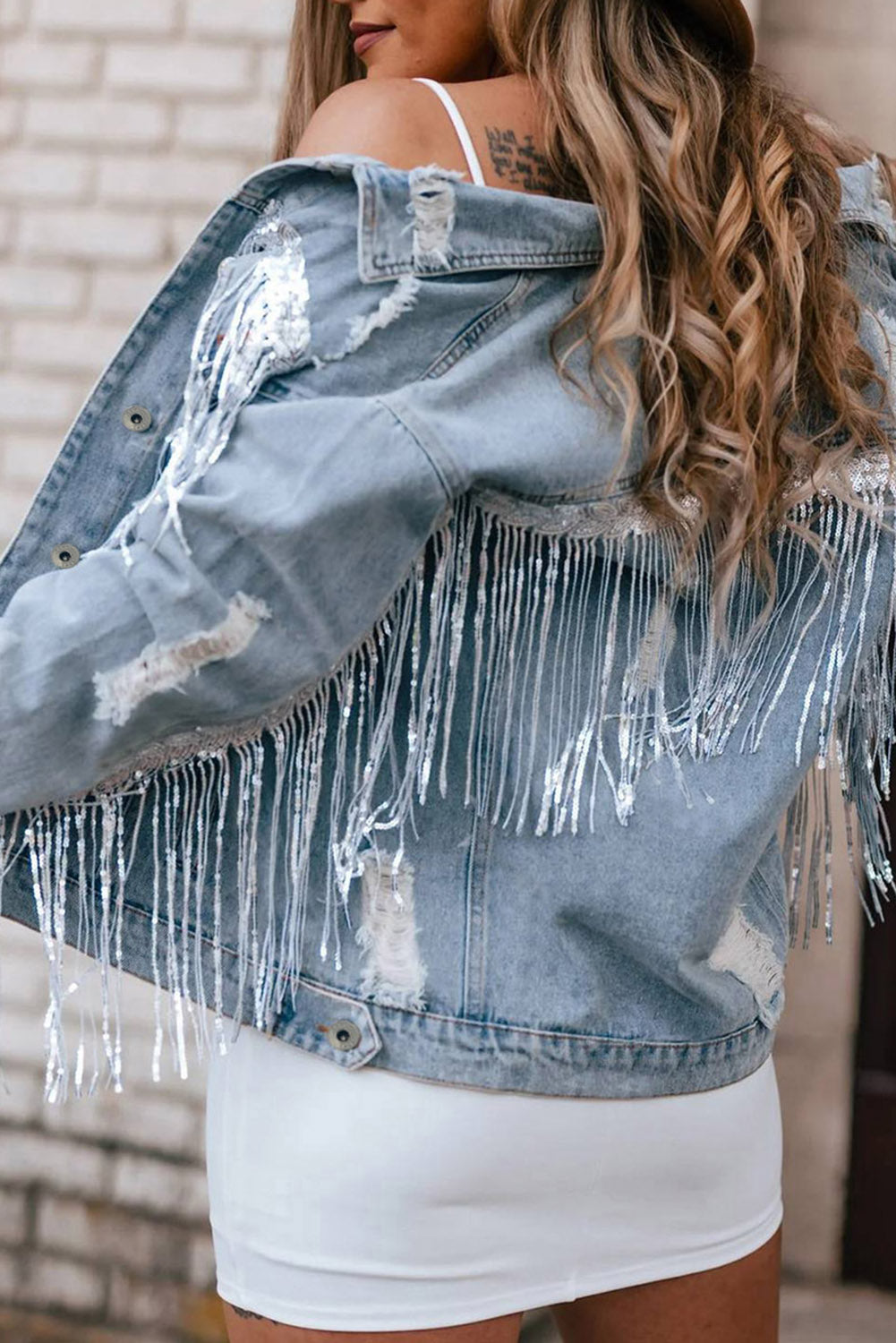 Wholesale Blue Sequined Fringe Distressed Button Up Denim Jacket - Eloy Royal