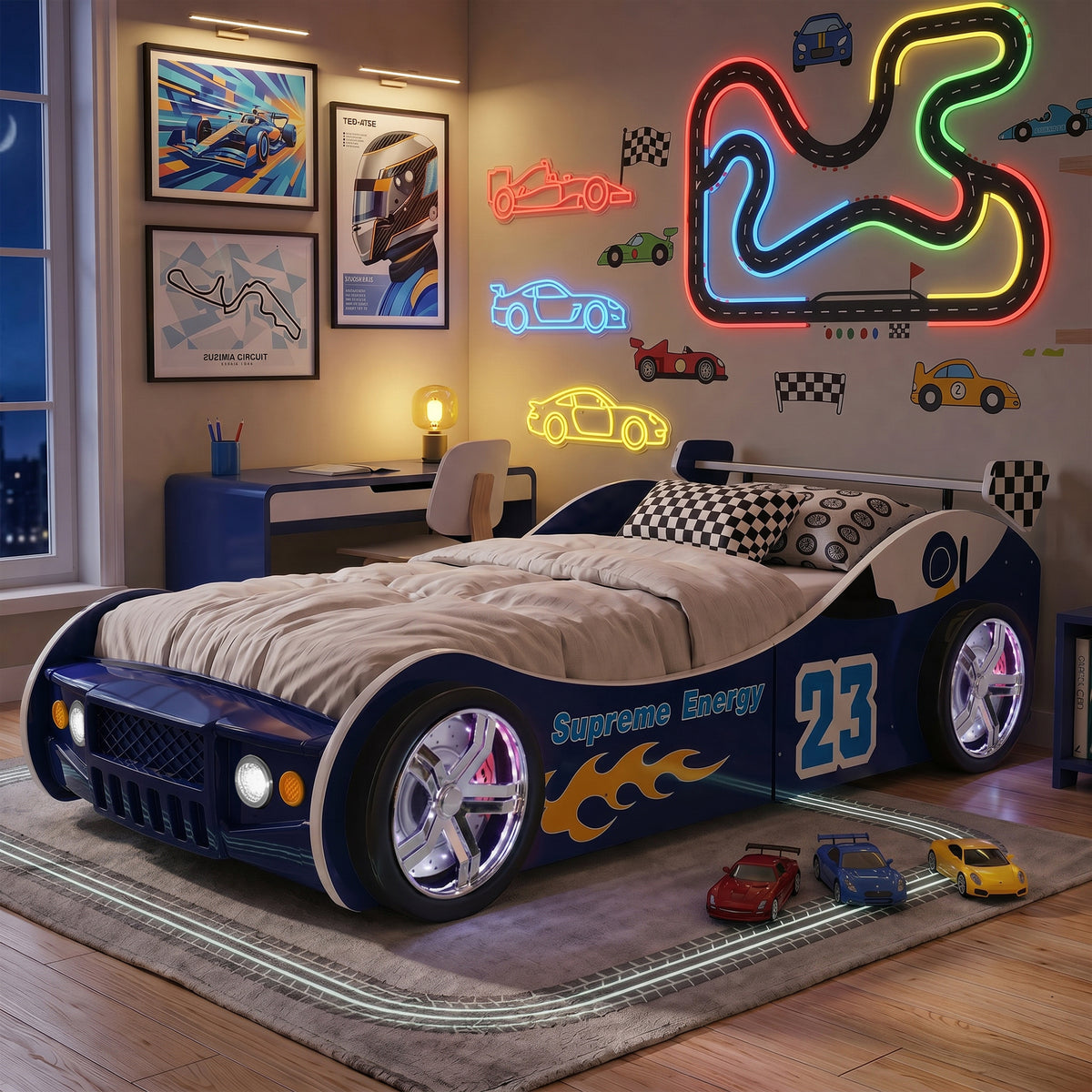 Supreme Energy Racing Car Bed with LED Wheel Lights