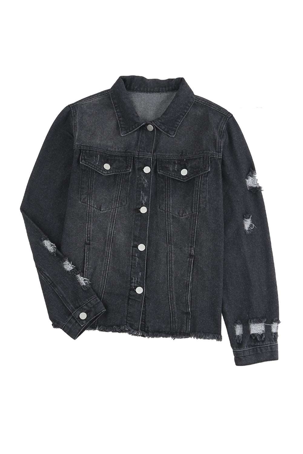 Black Casual Distressed Raw Hem Buttons Denim Jacket