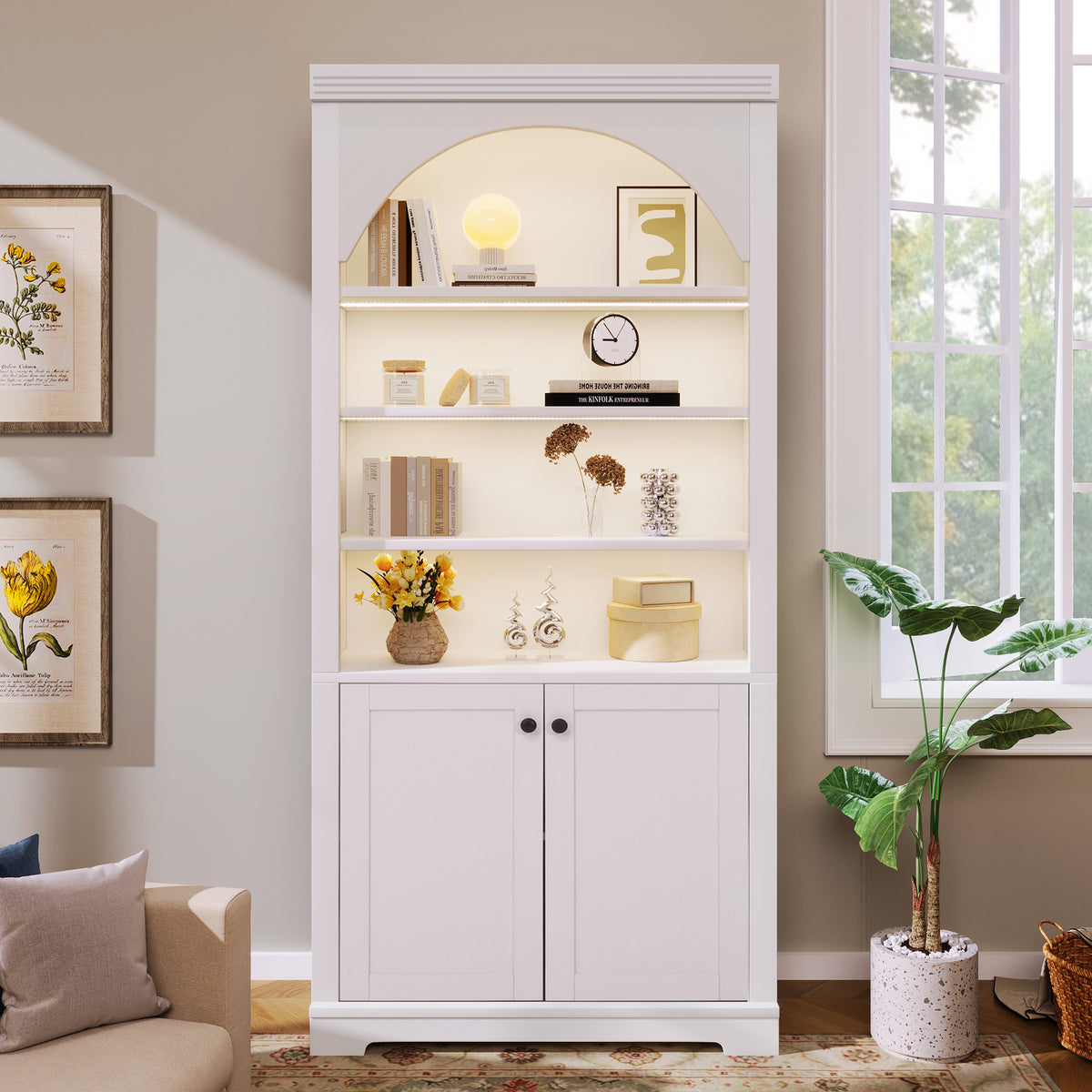 Tall Bookshelf with 4-layer LED Lightings,Modern Bookcase with Doors and Open Adjustable Shelves,Storage Bookshelf for Living Room,Home Office,White