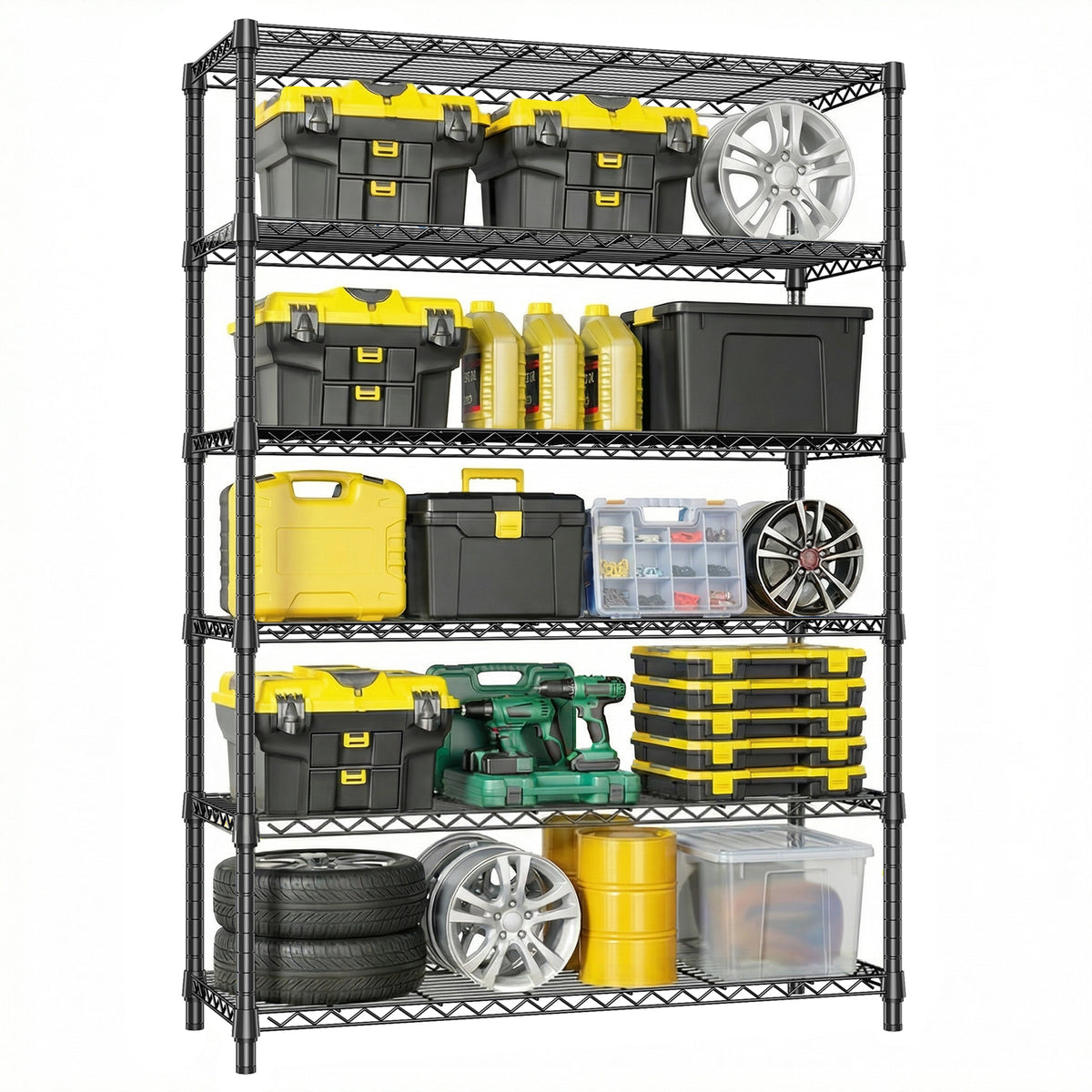 6 Tiers Storage Shelves Load 2100LBS, Metal Shelving Wire Metal Shelving Unit Shelves for Storage Adjustable Garage Shelving for Pantry Kitchen Garage Black 17.7' D x 47.3' W x 82.4' H