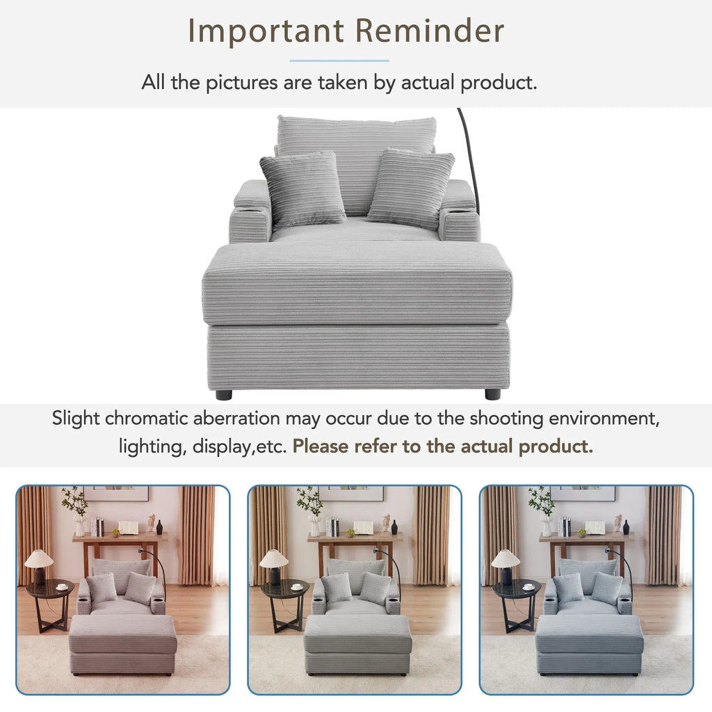 Modern Style Single Sofa Couch with Storage, USB Ports, Cup Holders, and Phone Holder, Grey Corduroy, 41.7' - Eloy Royal
