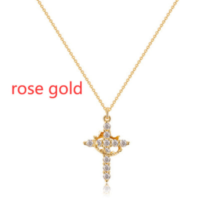 Fashion Jewelry Cross Full Diamond Crown Rotatable Necklace