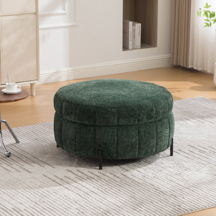 31.3'W Upholstered Round Ottoman With Reversible Lid, Chenille Storage Stool, Channel Tufted Pumpkin-shape Footstool for Living room, Bedroom and Office, Green
