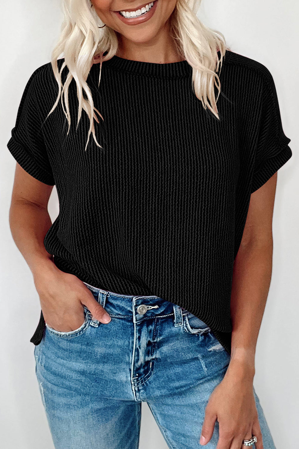 Black Ribbed Knit Exposed Seam Round Neck T-shirt - Eloy Royal