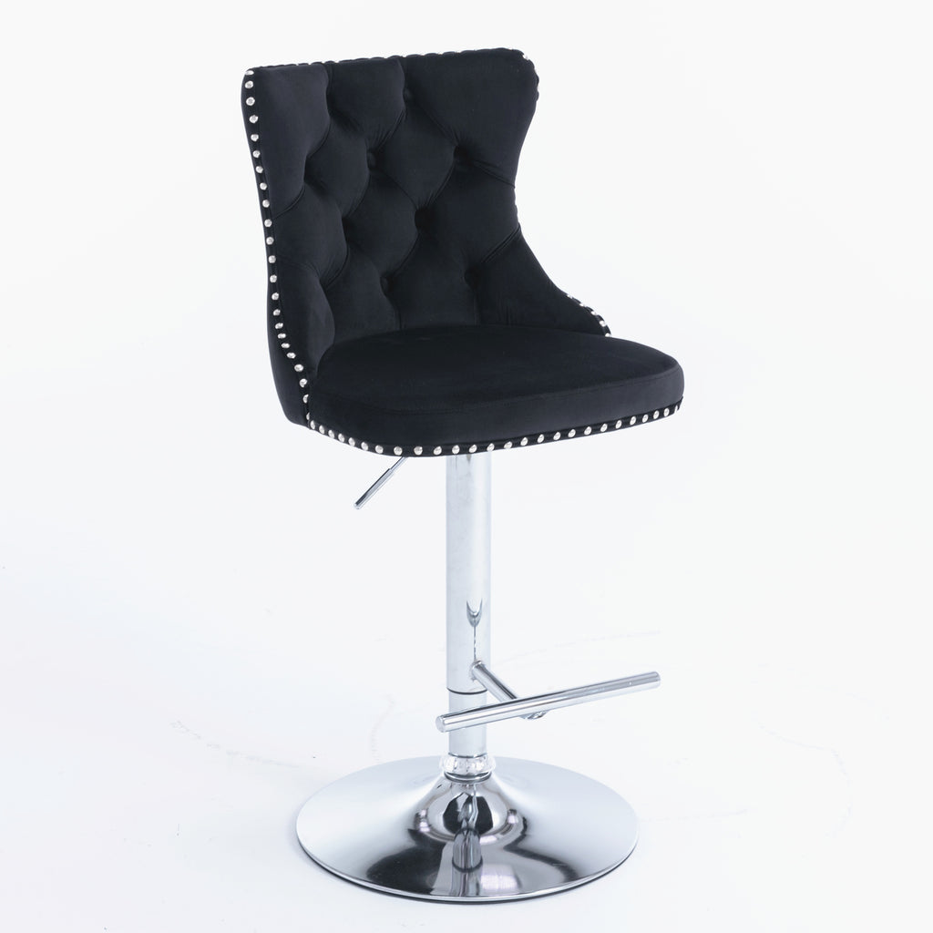 A&A Furniture Modern Swivel Velvet Barstools with Adjustable Height and Chrome Base, Black, Set of 2