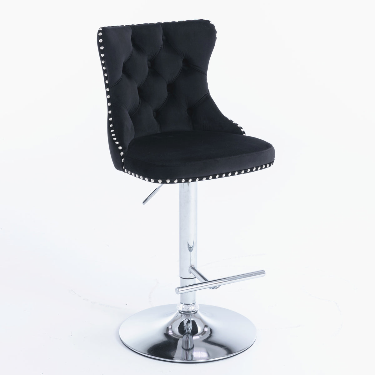 A&A Furniture Modern Swivel Velvet Barstools with Adjustable Height and Chrome Base, Black, Set of 2