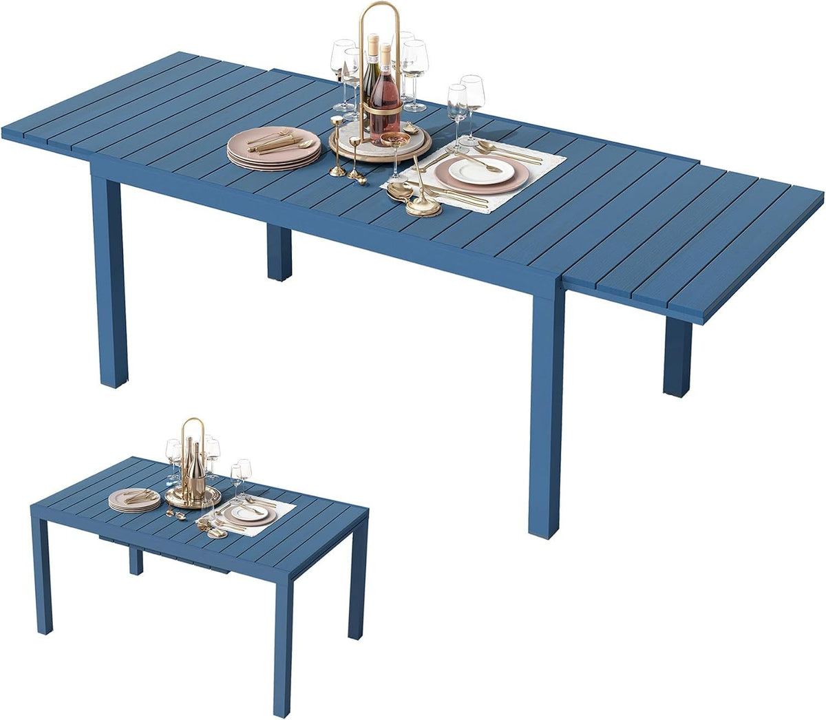 Expandable Patio Dining Table 60 to 83 Inches, Weatherproof HDPE/Aluminum Outdoor Table for 4-8 People, Navy Blue