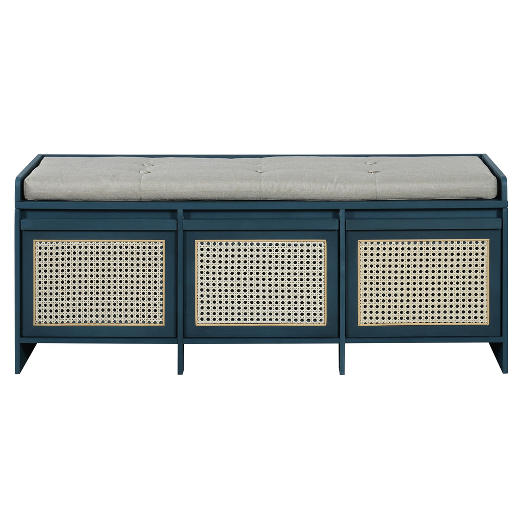 Tancredi Retro Rattan-Drawer Shoe Bench, Antique Navy, 48 in