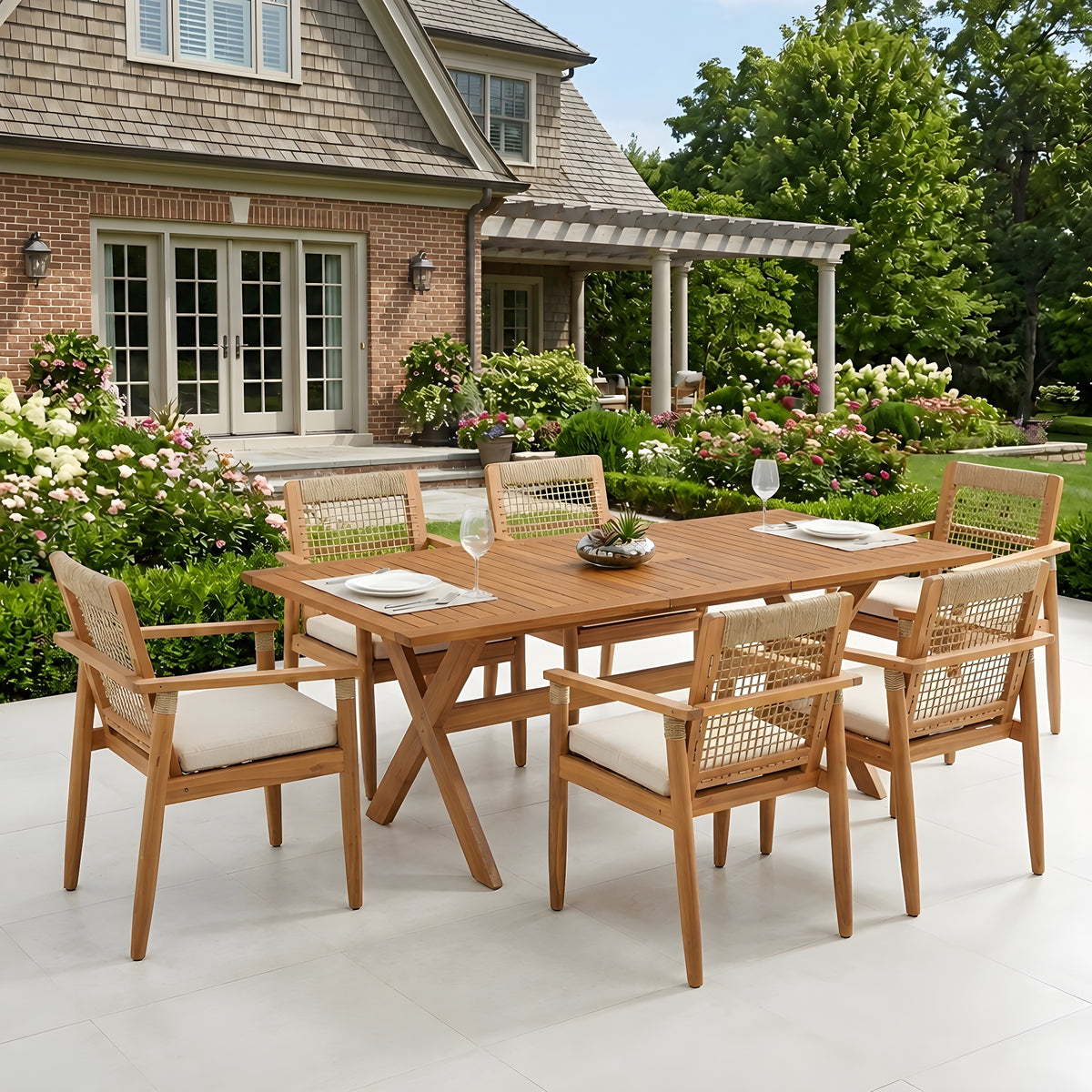 7 Pieces Acacia Wood Outdoor Dining Set s,Modern 6 Chairs  1 Large Table,Dining Furniture Set for Lawn, Backyard, Garden Deck,Poolside,Teak