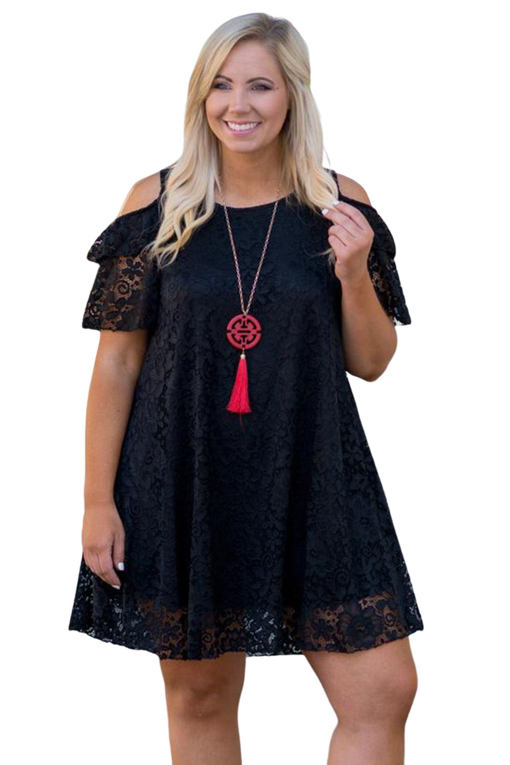 Black Lace Cold Shoulder Plus Size Dress - Eloy Royal