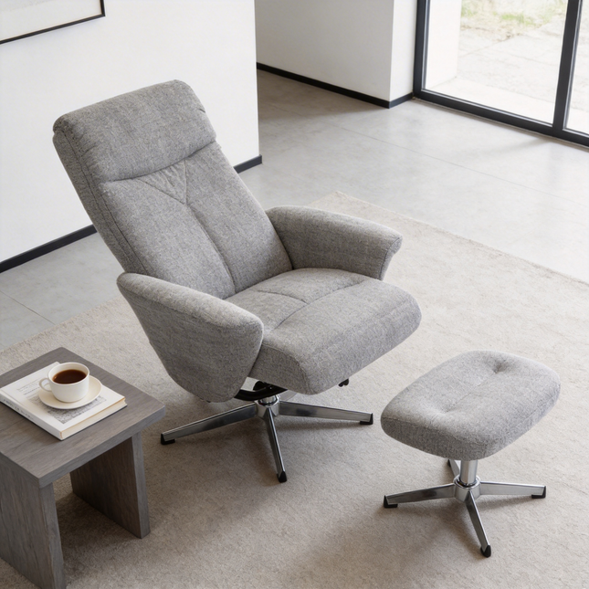Swivel chenille Recliner with Ottoman Chair Modern Armchair Ergonomic Push Manual Reclining Footrest Upholstered Bedroom Living Room Reading Home Relax Office, Light Grey