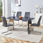 Table and chair set.63'x31.5x30' Black Marble-Patterned Slabs Tabletop with Stainless Steel Butterfly Legs.Paried with 4 Dark gray high-quality PU chairs with silver metal legs.