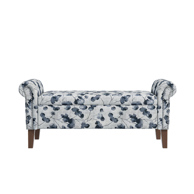 Wallen Traditional Rolled Arm Storage Bench Ottoman with Pewter Nailhead Trim in Black Floral with Dark Brown Solid Wood Legs