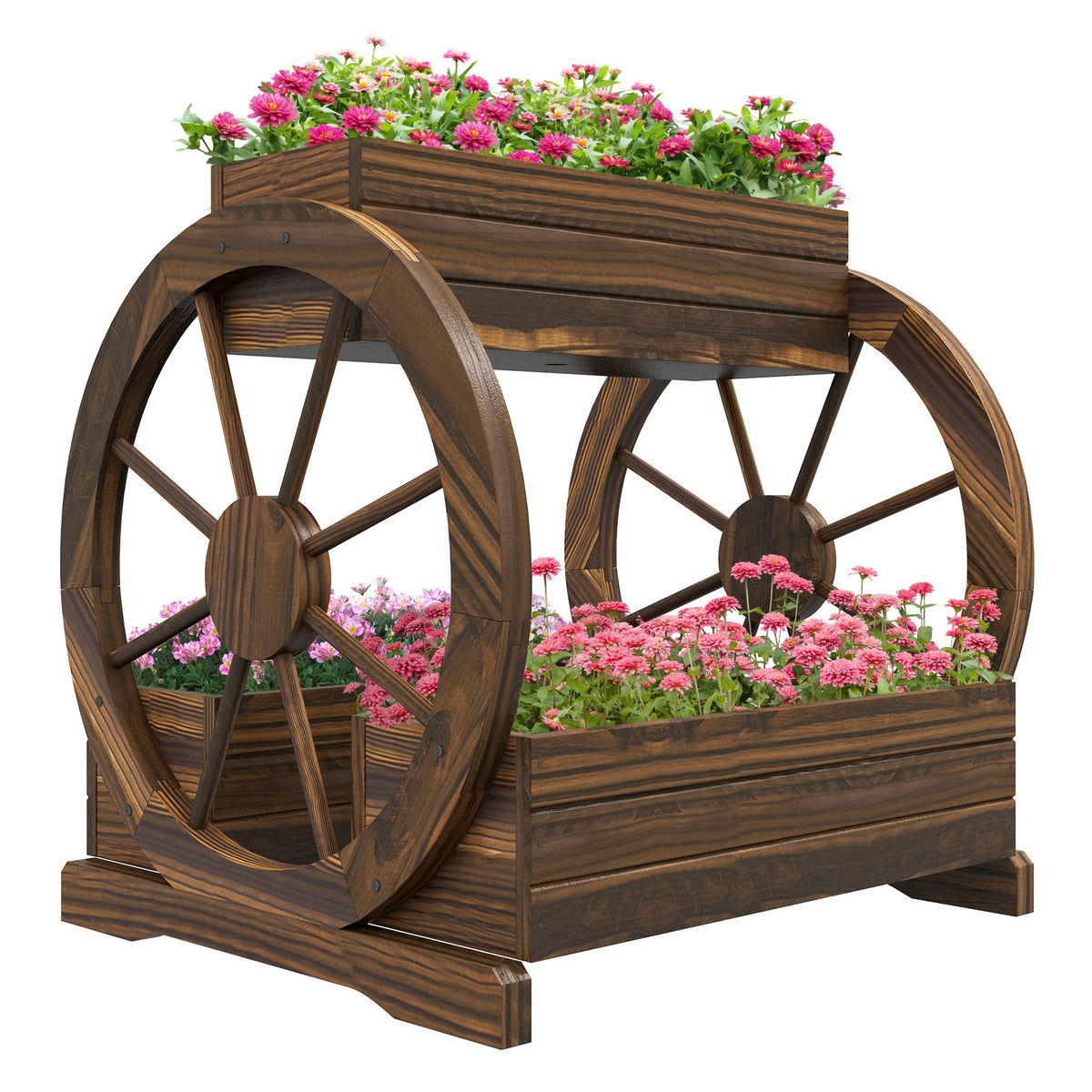 Outsunny 2-Tier Raised Garden Bed, Wooden Wagon Planter Boxes with Drainage Holes, for Vegetables Flowers Herbs, 25' x 21' x 24'