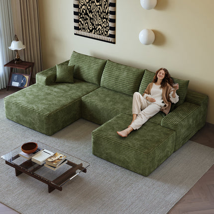 107'Cloud Sectional Sofa with 1 Ottoman,Modern Minimalist Upholstered Couches,Comfort U Shaped Sofa for Living Room,Deep Seat Corner Couch,No Assembly Required (Plush Corduroy Fabric),Green