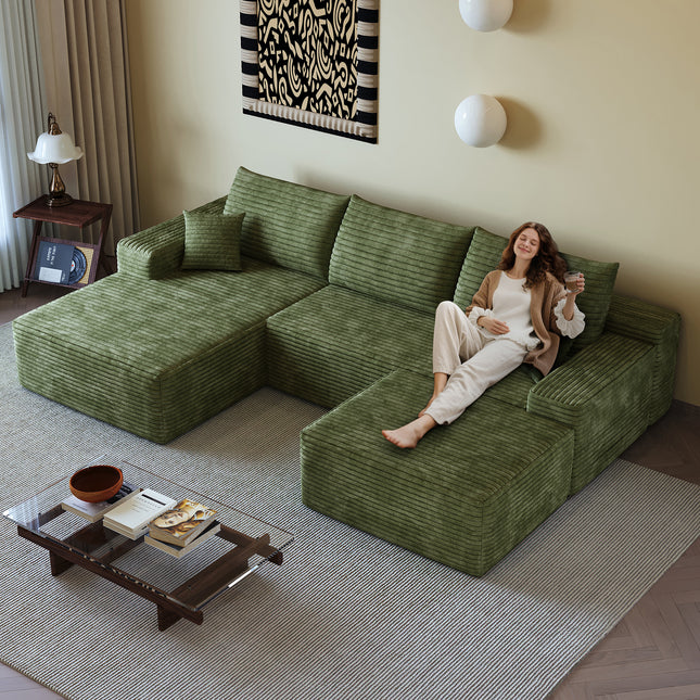107'Cloud Sectional Sofa with 1 Ottoman,Modern Minimalist Upholstered Couches,Comfort U Shaped Sofa for Living Room,Deep Seat Corner Couch,No Assembly Required (Plush Corduroy Fabric),Green