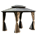 8' x 10' Hardtop Gazebo Permanent Metal Gazebo with Galvanized Steel Double Roof, Curtains and Netting for Party, Wedding, Outdoor Dining, Patio, Backyard, Brown