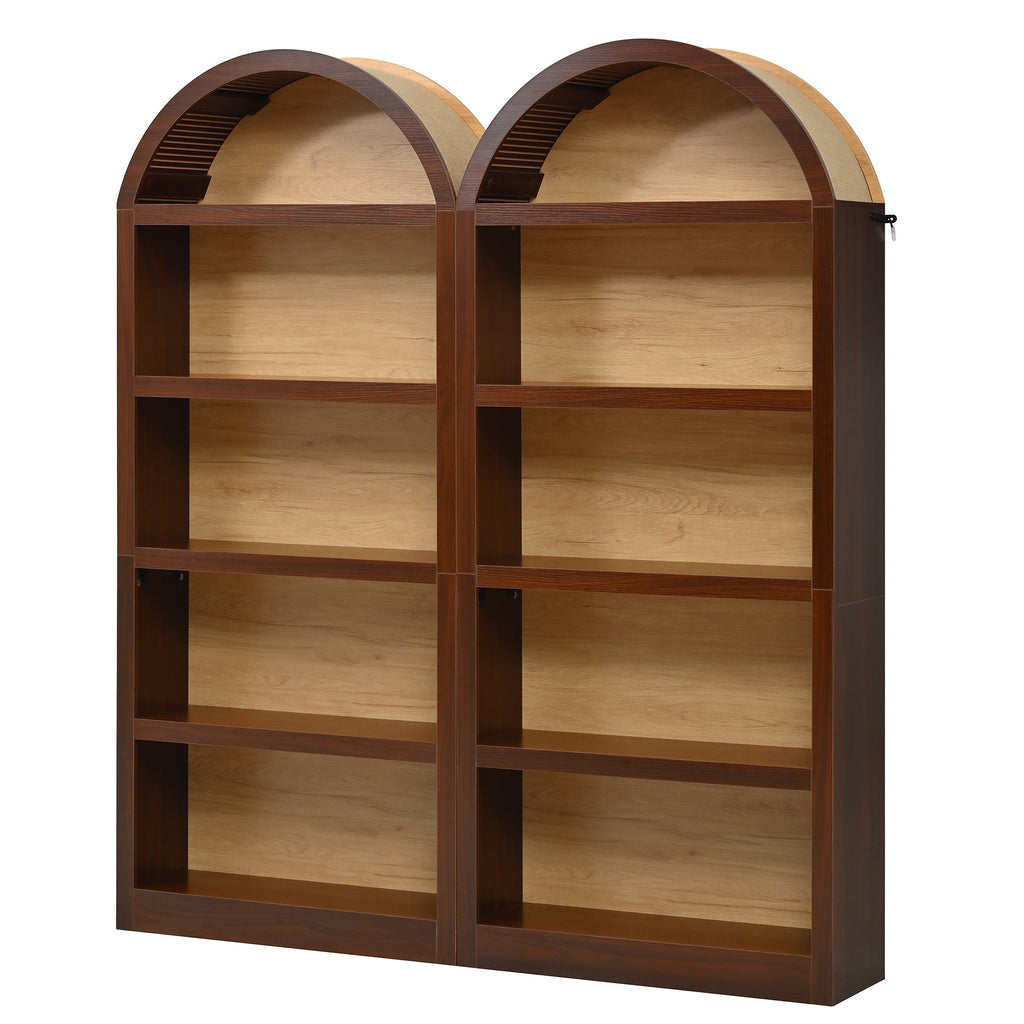 Freestanding Tall Bookshelves Set of 2, Farmhouse Two-Tone Open Storage Cabinet with Fabric Arched Top, 5-Tier Display Bookcase for Living Room, Bedroom, Home Office, Walnut+Natural