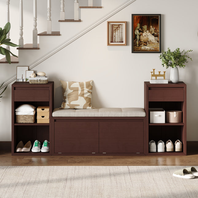 TREXM All-in-One Entryway Storage Bench with Cushion, Compartments, Drawers & Open Shelves, Storage Bench for Hallway, Mudroom, Living Room(Espresso)