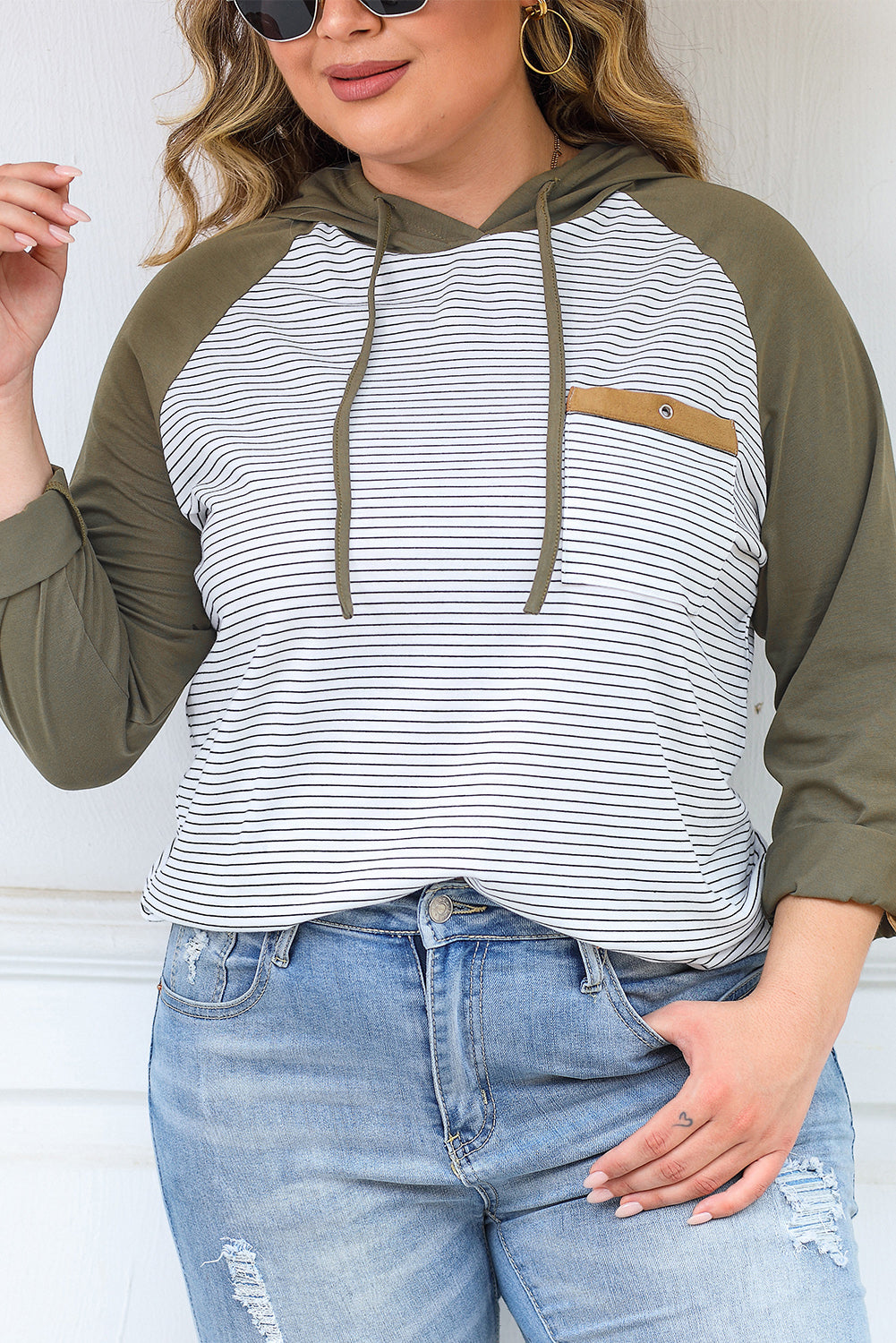 Black Striped Raglan Sleeve Pocket Plus Size Hoodie - Eloy Royal