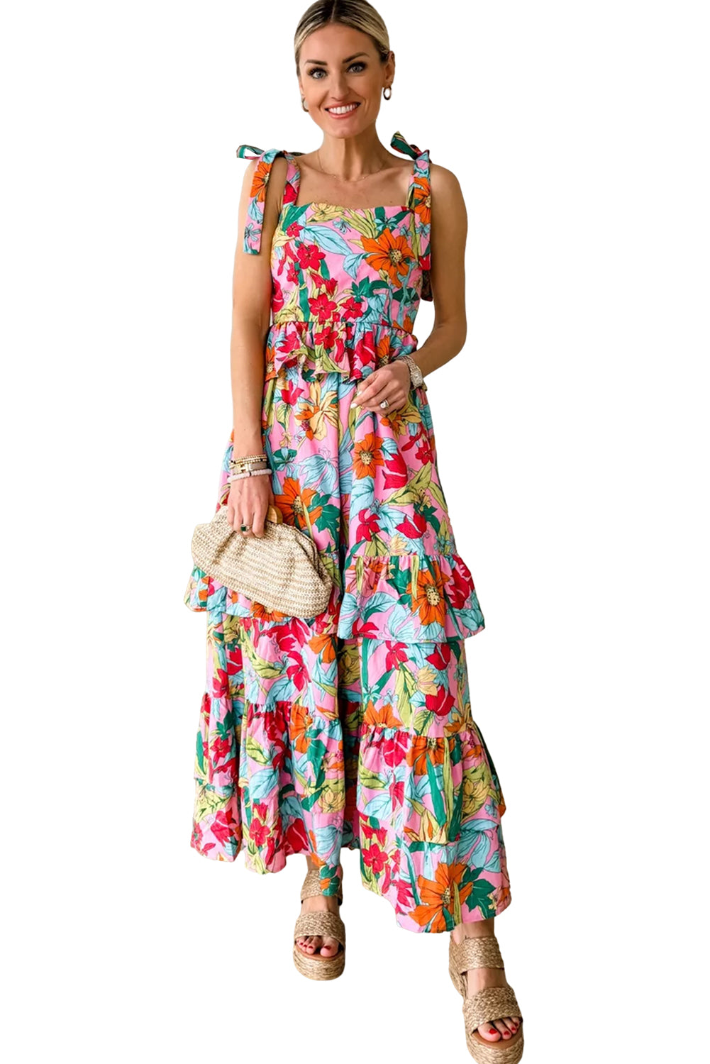 Multicolour Boho Floral Print Knot Strap Ruffle Layered Maxi Dress - Eloy Royal