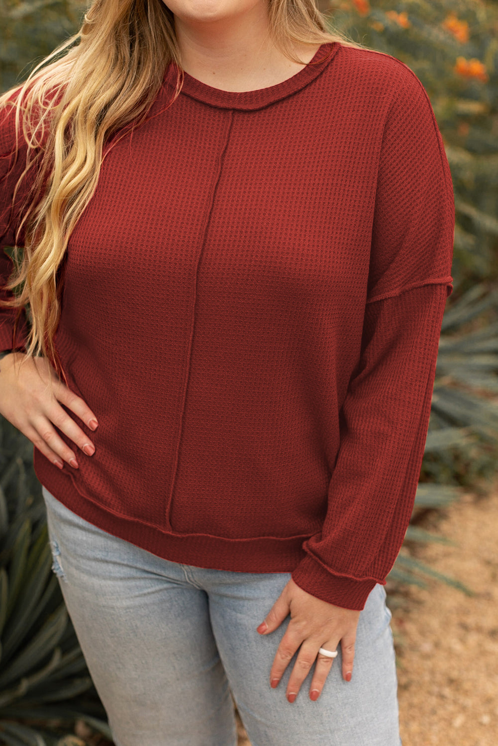 Gold Flame Exposed Seam Detail Waffle Knit Plus Size Top - Eloy Royal