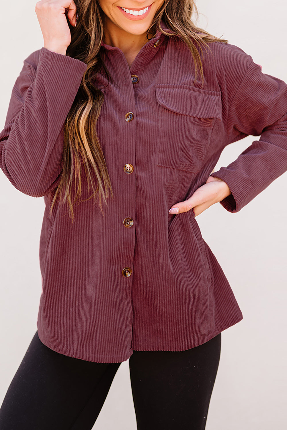 Plum Button Up Patch Pocket Corduroy Shacket - Eloy Royal