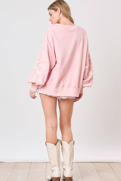 Light Pink Flower Pattern Drop Shoulder Loose Sweatshirt